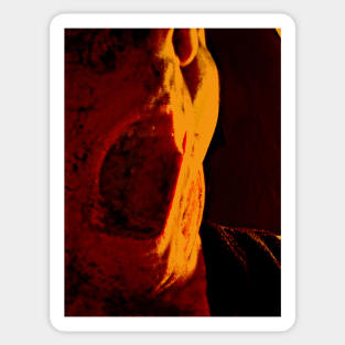Portrait, digital collage and special processing. Mouth closeup. Rage, demon, brutal. Orange. Sticker